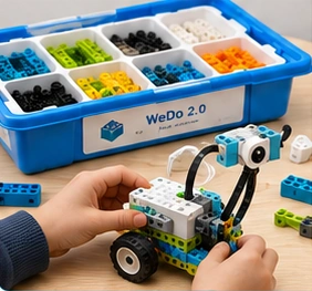 Nouveau projet : une boîte LEGO WeDo 2.0 et un robot en construction.