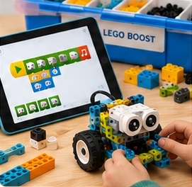 Projet en cours : un robot, une tablette de programmation et des pièces LEGO.