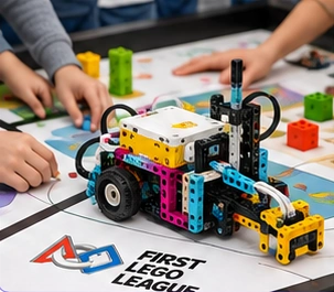 Projet collectif : un robot LEGO sur un tapis FIRST LEGO League.