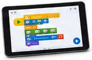 Tablette affichant un programme de robotique composé de blocs.