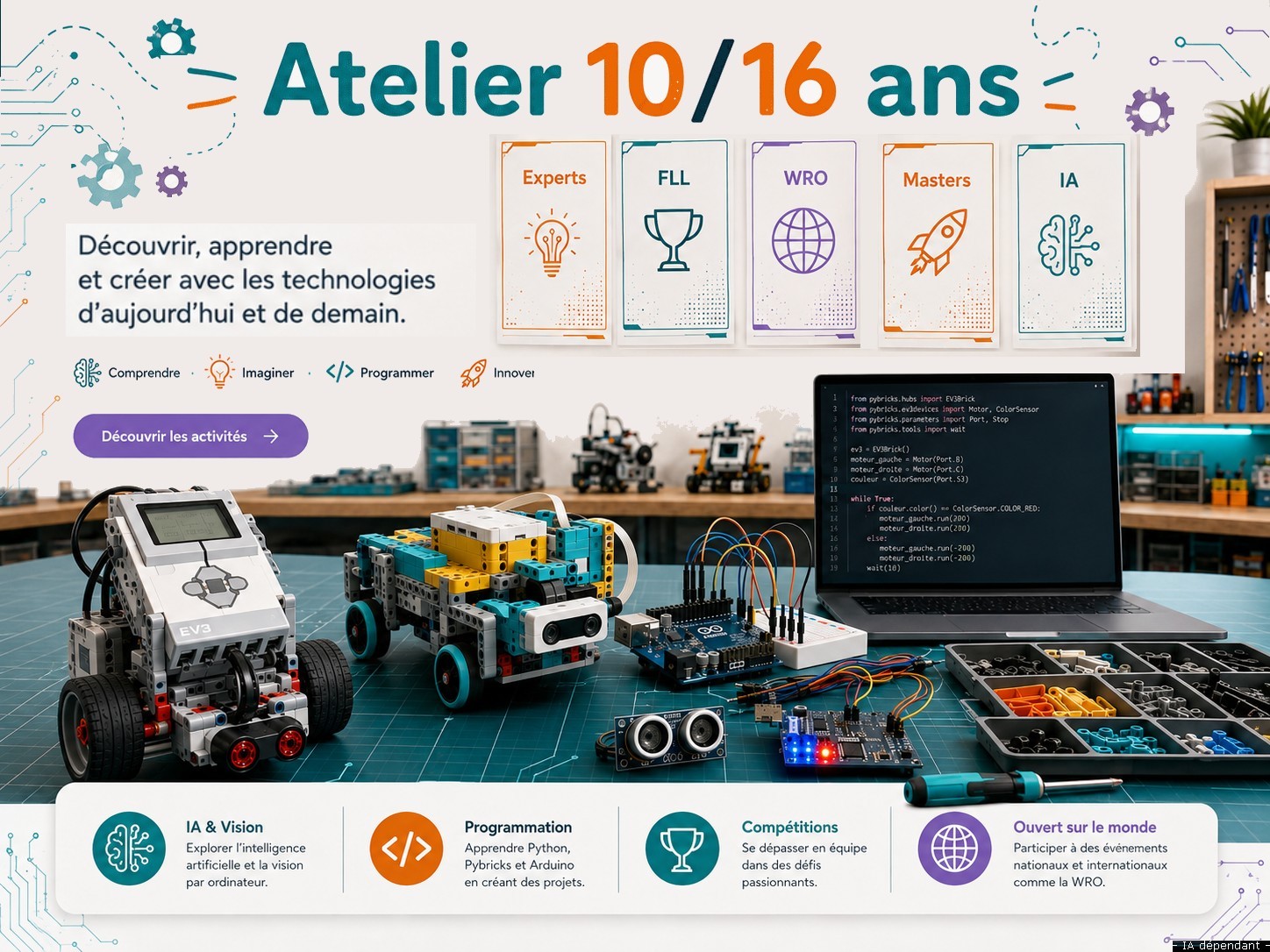 Atelier 10/16 ans : robots SPIKE et EV3, programmation Python, Arduino et projets technologiques. Illustration, sans menus interactifs.