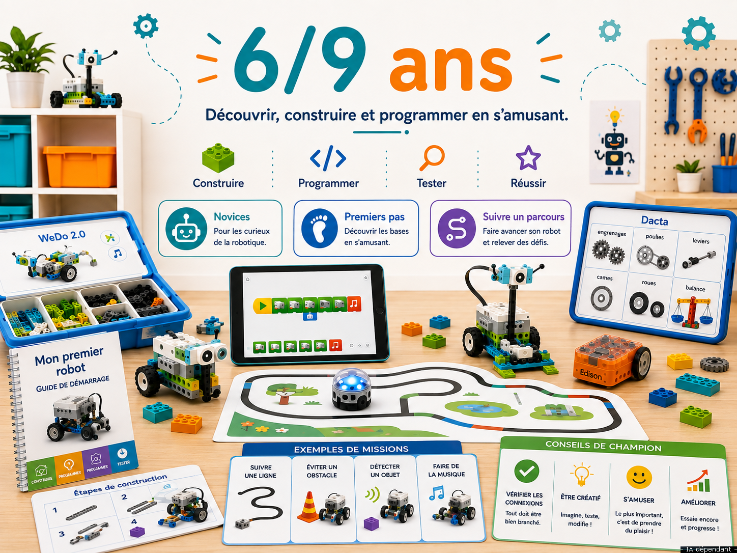 Atelier 6/9 ans : robots à construire, programmation visuelle, mécanismes et premiers parcours.