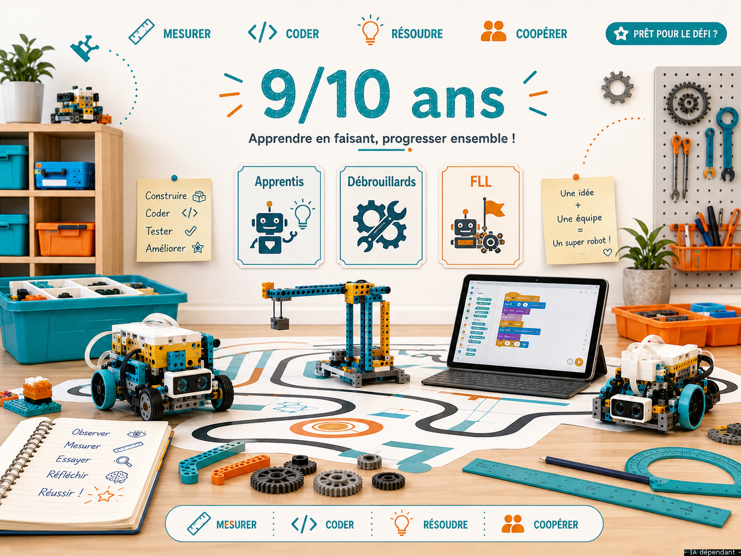 Atelier 9/10 ans : robots LEGO, tapis de missions, mécanismes et projets en équipe.