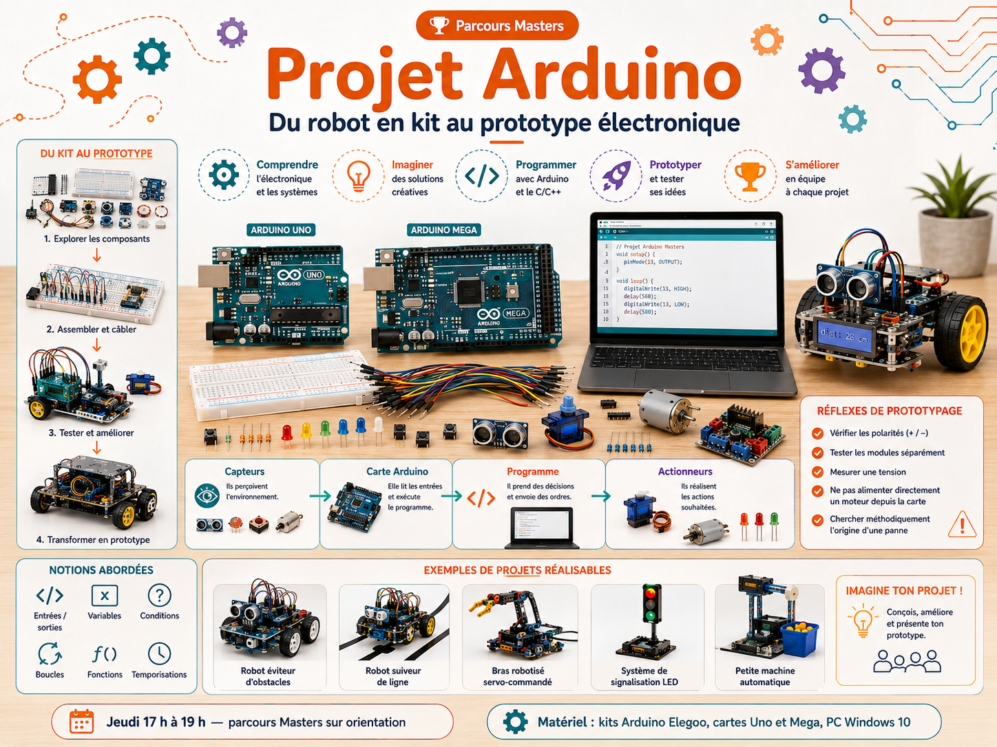 Projet Arduino — du robot en kit au prototype : cartes, composants électroniques et exemples de réalisations.