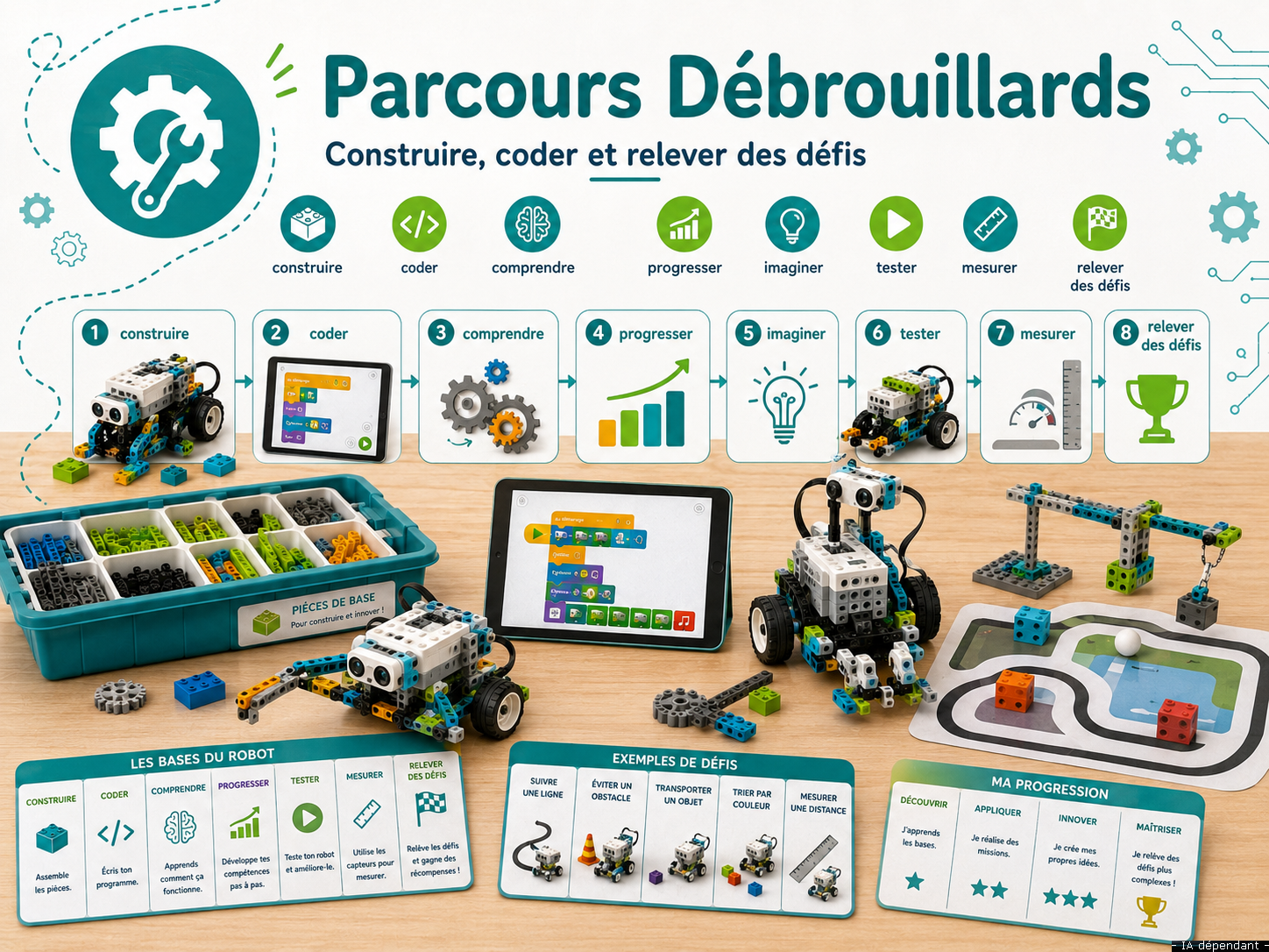 Parcours Débrouillards : construire et relever des défis, robots et exemples de missions.