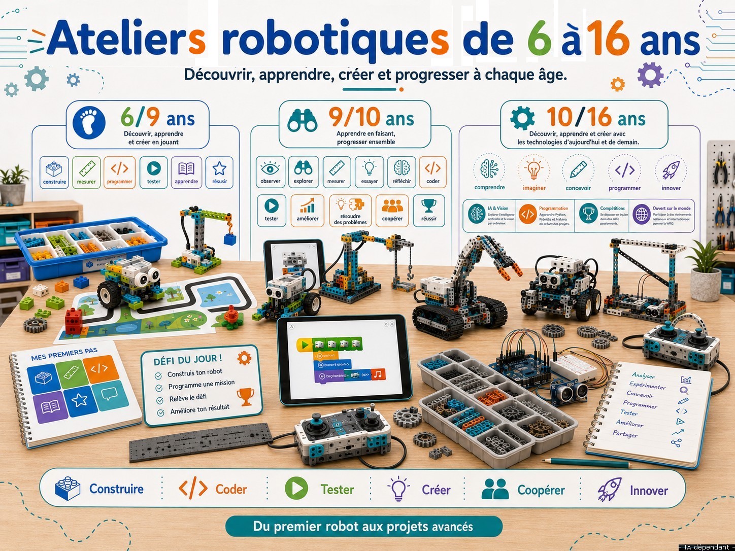 Les ateliers de robotique de 6 à 16 ans : repères pour les 6/9 ans, 9/10 ans et 10/16 ans.